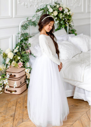 White Sequin Tulle Flower Girl Dress First Communion Dress